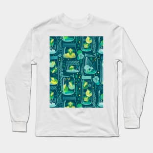 Glowing in the moss // pattern // teal background jars with lightning fireflies bugs quirky whimsical and bioluminescence lampyridae beetles Long Sleeve T-Shirt